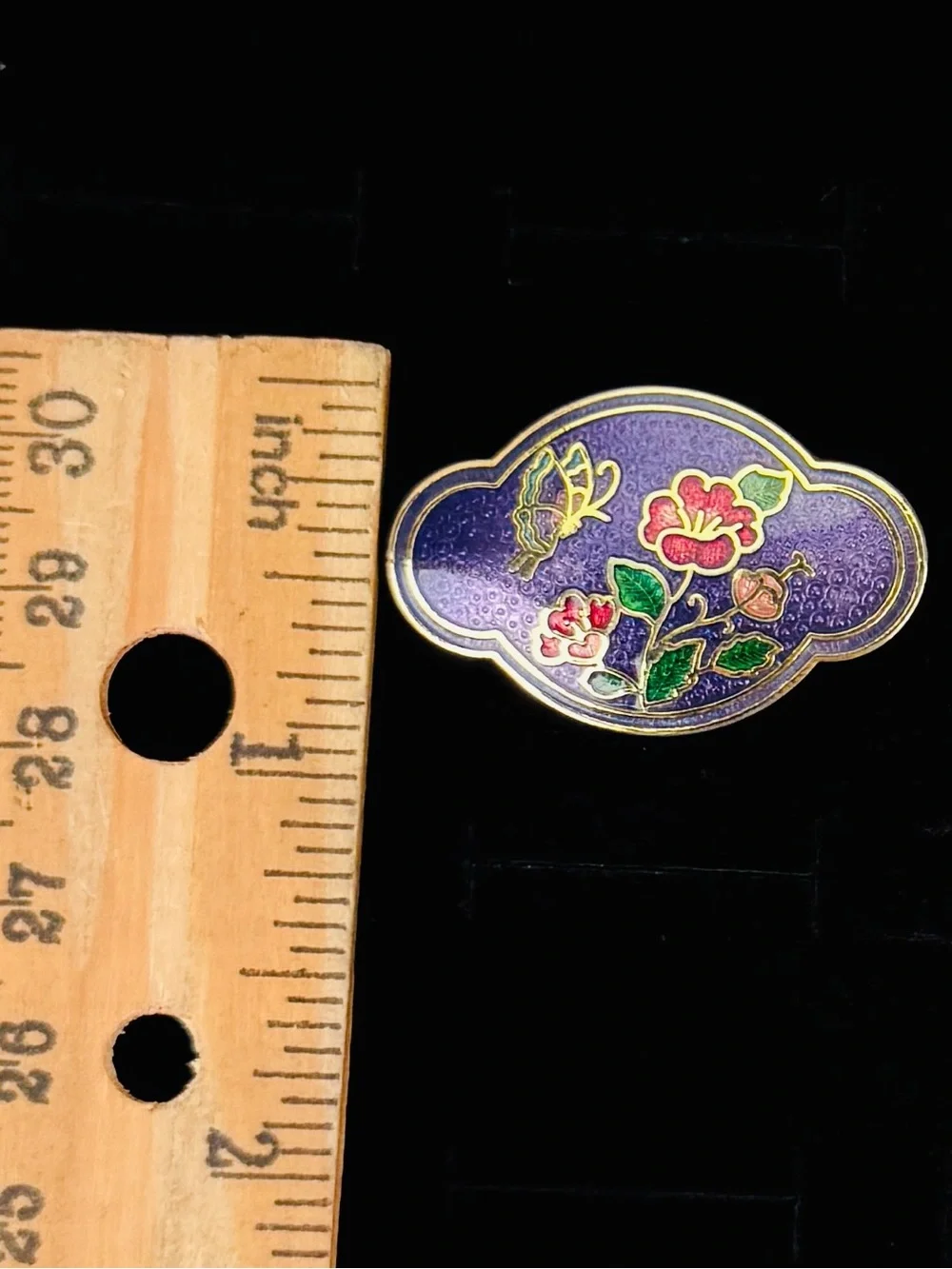 Vintage Cloisonné Enamel Butterfly Floral Scarf Clip Slide Purple Gold Tone